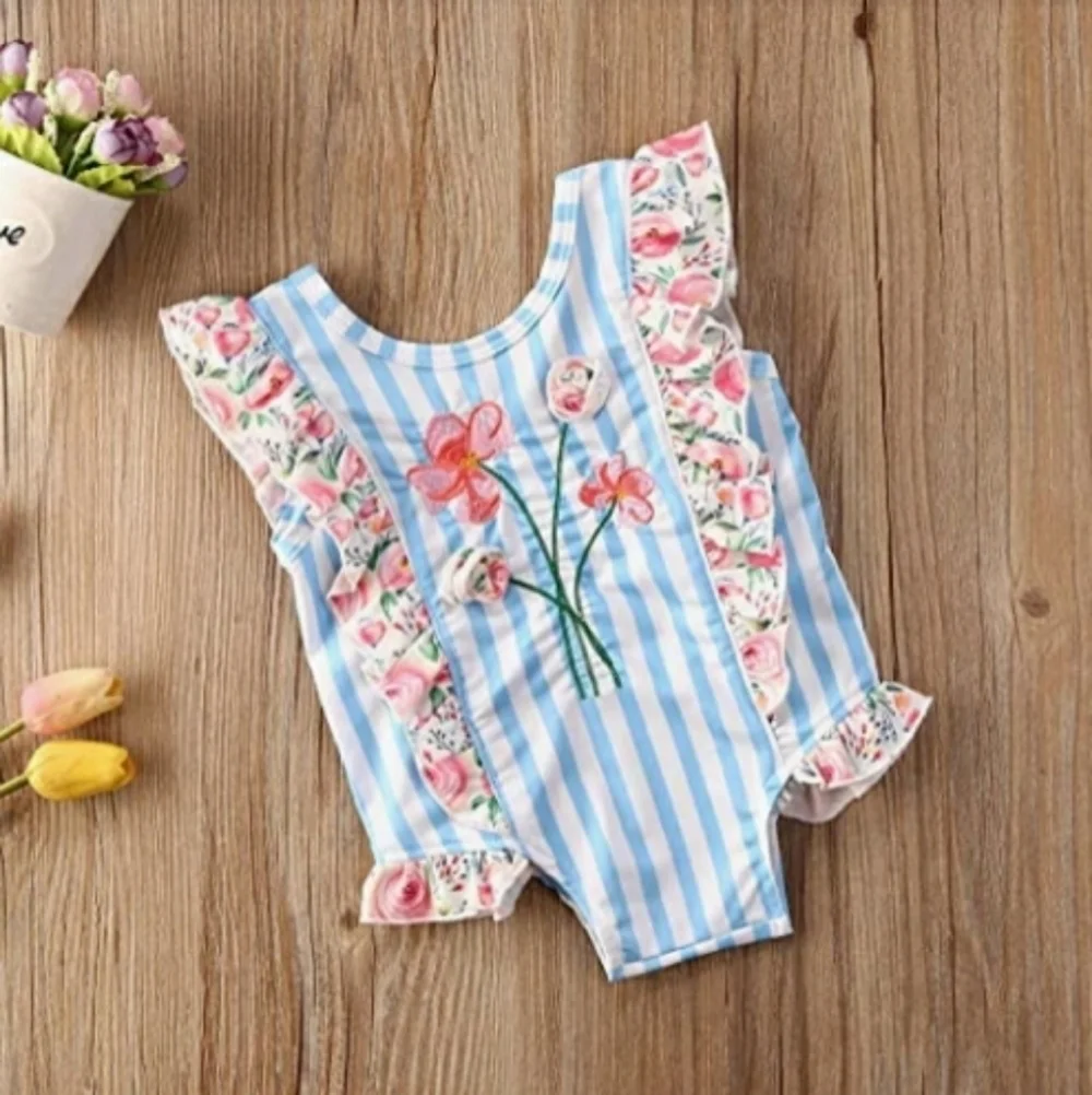 🐥Little girls Ruffle Flower Stripped Print Swimsuit